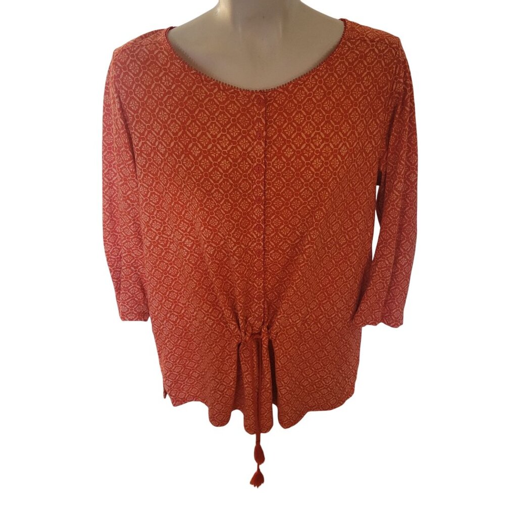 LAUREN RALPH LAUREN Orange Boho Style Tunic Top Drawstring Waist Button